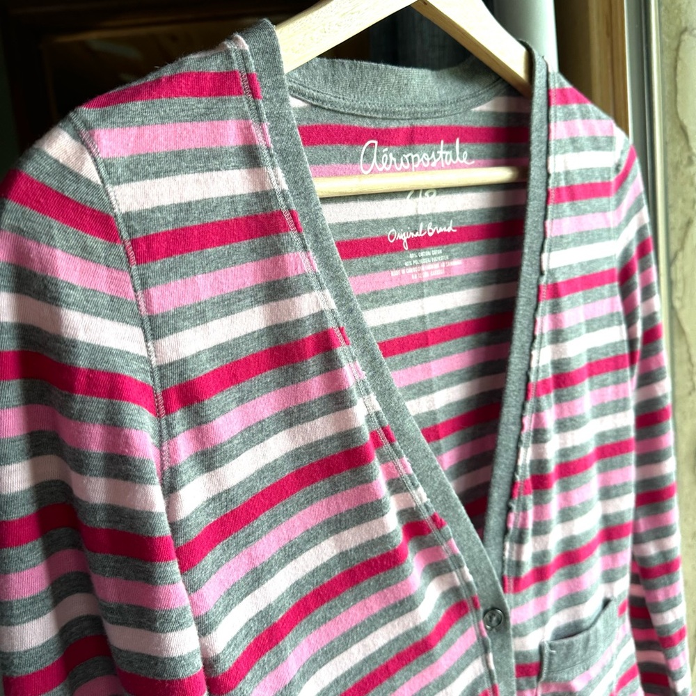 Aeropostale Striped V-Neck Cardigan Pink Gray Red SP - Picture 6 of 11